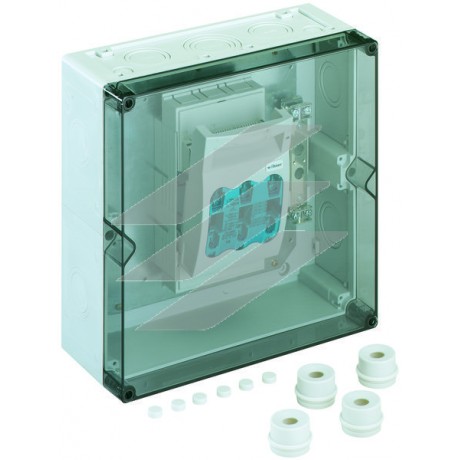 Корпус AKi-T 201 (300х300х132мм) з розчеплювачем під запобіжник (1хNH-00, 125A) на монтажній платі, клеми 70мм², 1хPE/N-2х50мм², прозора кришка, IP65, Spelsberg